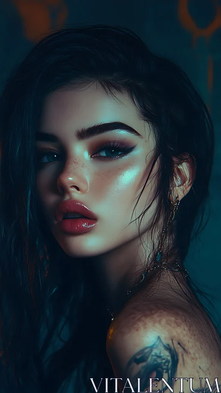 Midnight siren gaze with electric glamour and inked mystique.