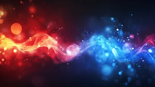 Abstract red and blue light waves on dark gradient background.