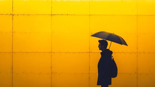 Silhouetted wanderer under umbrella on glowing amber wall.