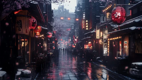 Rainy lantern street glowing with cherry blossom warmth.