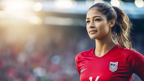 Photorealistic stadium portrait of focused soccer athlete.