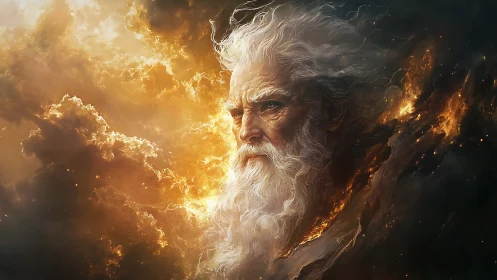 Elderly male face emerges from luminous cloud formations