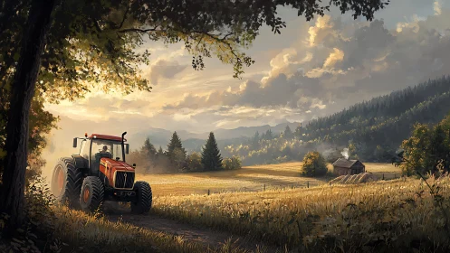 Red tractor drives along rural field road at golden sunset.