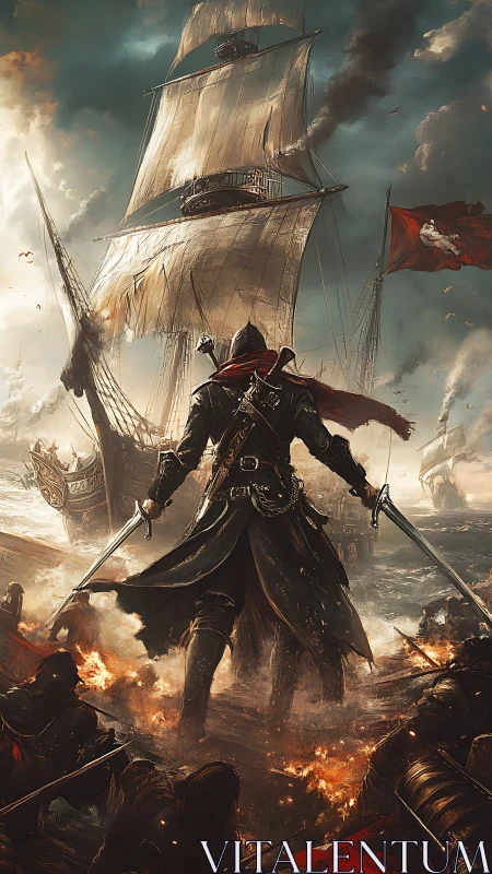 Storm-lit pirate strides through fire toward the towering sails