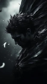 Fallen dark angel portrait in moody monochrome light.