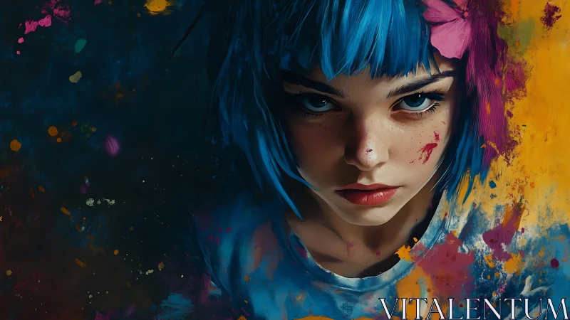 Young person with blue hair amid abstract paint field.
