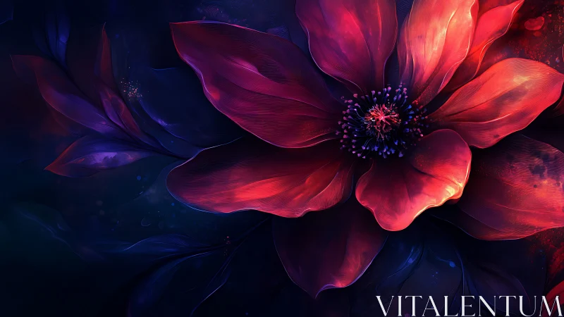 Radiant crimson flower emerging from deep indigo void.