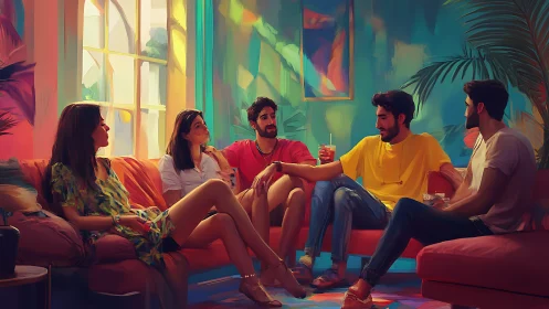 Friends relaxing on colorful sofas in bright living room.