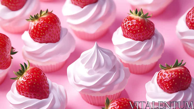 Strawberry topped pink frosted cupcakes arranged on pink background