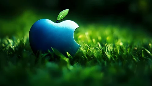 Blue apple with a bite in lush grass, digital art style.