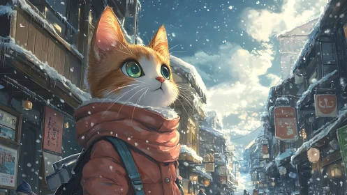 Curious winter cat explores a snowy lantern-lit city street
