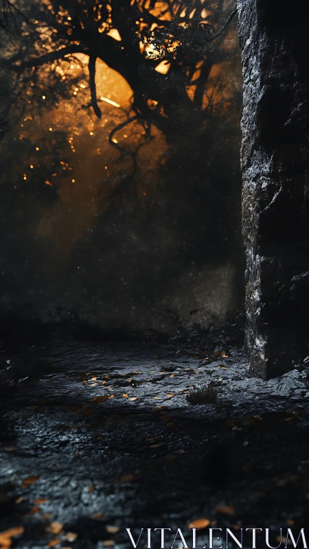 Forest path meets stone wall under burning backlight