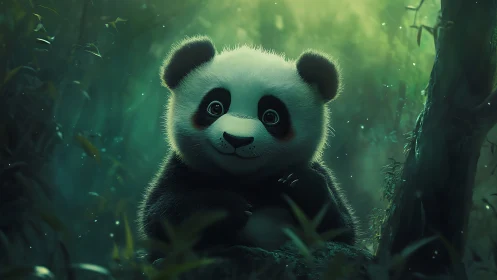 Adorable baby panda glows softly in a dreamy forest scene.