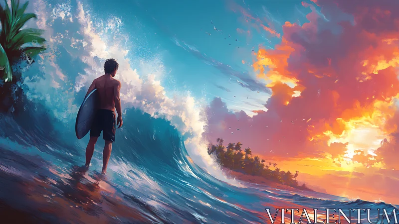 Sunlit surfer quietly meets a glowing tropical evening wave