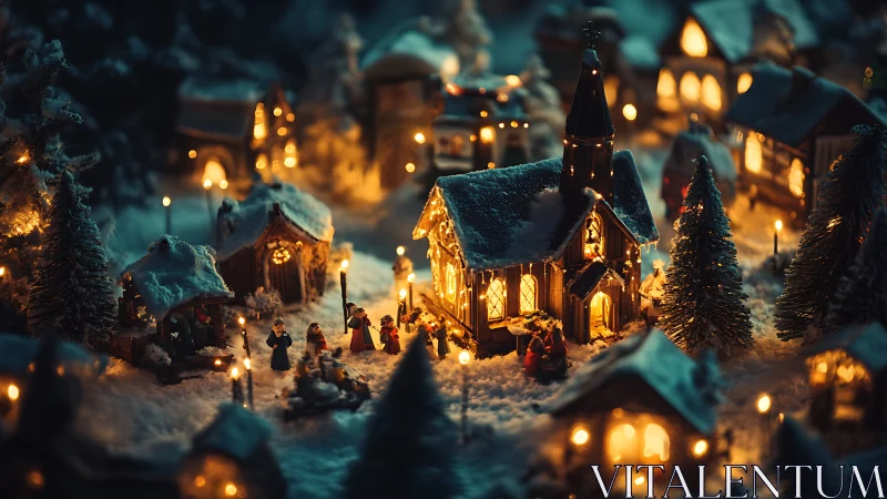 Photorealistic miniature winter village with glowing chapel scene.