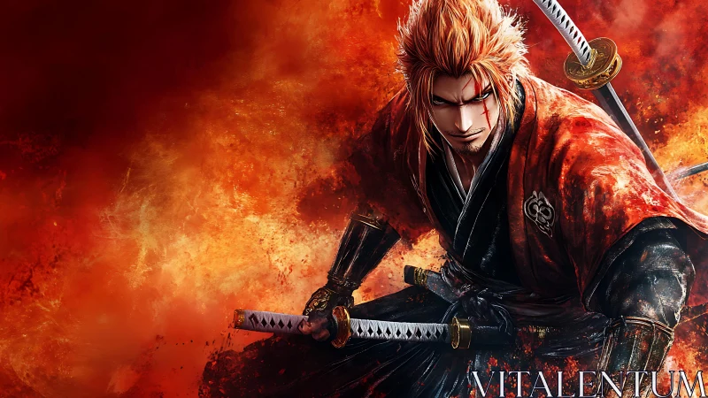 Fiery samurai warrior poised in dynamic katana combat stance.