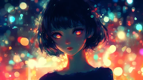 Digital portrait of girl with glowing eyes and bokeh lights.
