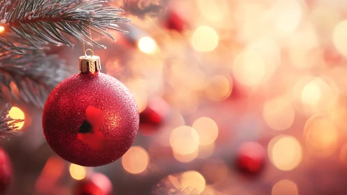 Red Christmas bauble hangs on frosted branch with warm bokeh