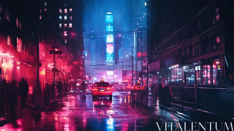 Neon rainstorm taxis cruise a midnight cyber city street.