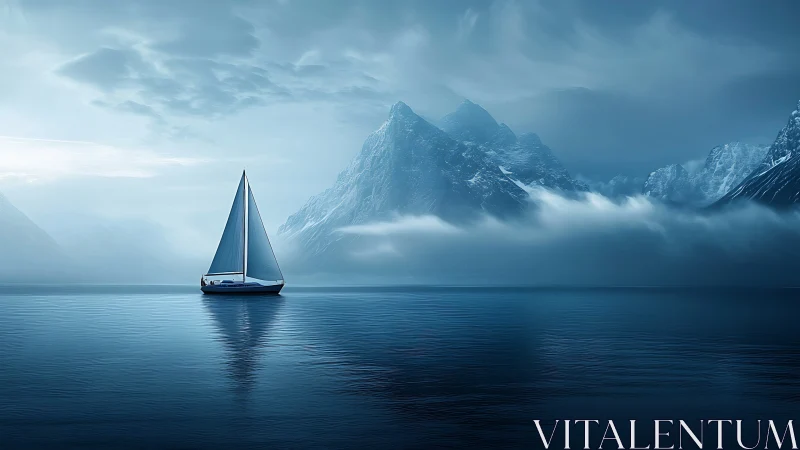 Minimalist sailboat in misty glacial fjord digital painting.
