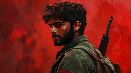 Combatant portrait against textured red expressionist field.