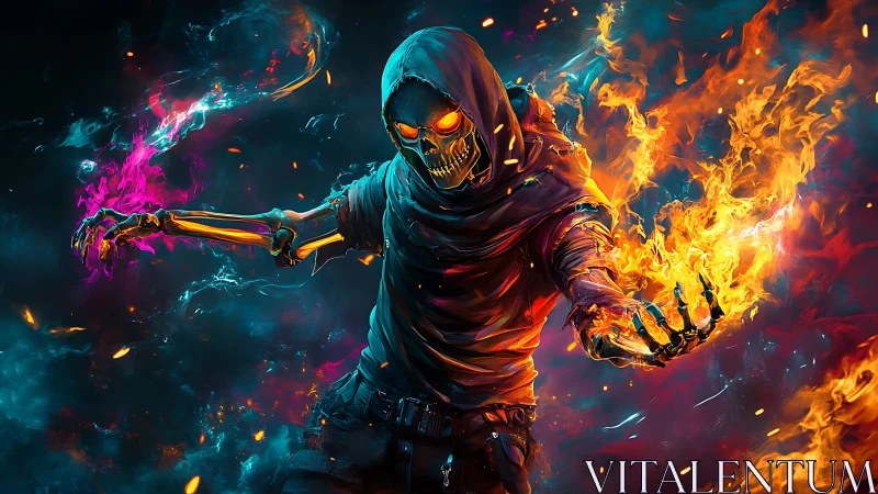 Hooded cyber reaper conjures neon fire in swirling void.