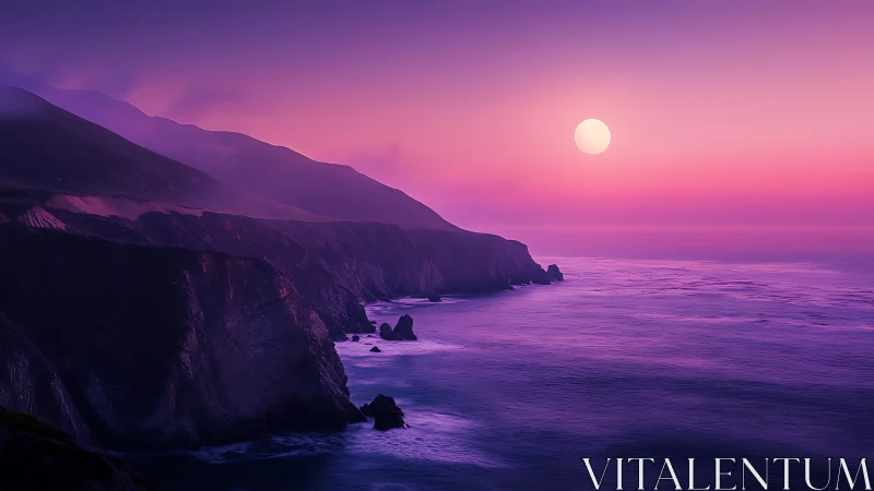 Luminous violet sunset bathes rugged sea cliffs in calm light.