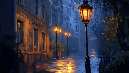 Golden lamplight softly warms a misty midnight city street