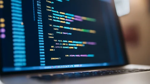 Color-coded source code on laptop screen in shallow focus.