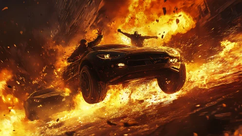 Cars in midair amid extensive urban street explosion.