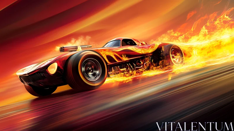 Flaming muscle car racing through molten sunset highway.