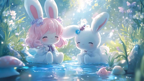 Chibi bunny characters resting beside reflective forest stream