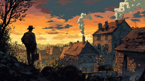 Warm sunset welcomes a lone traveler above a quiet village