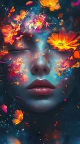 Female face merges with vivid orange and pink floral bursts