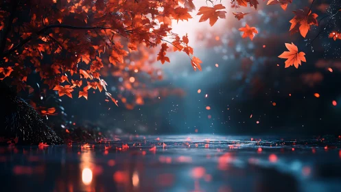 Red maple leaves hang over reflective water in soft light
