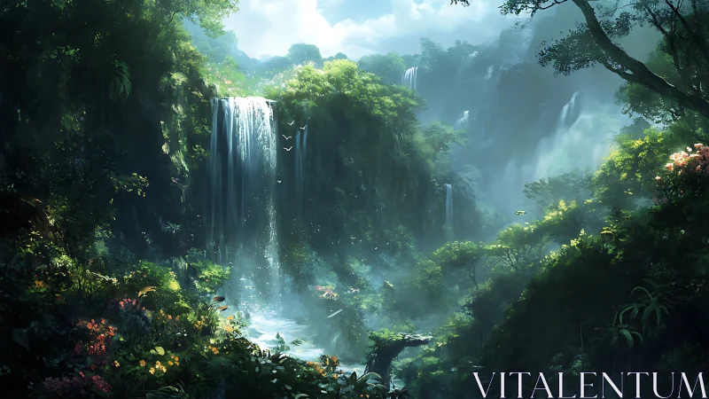 Cascading Waterfalls Through Luminous Misty Canyon with Dense Verdant Foliage