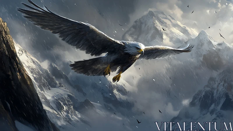 Majestic Bald Eagle Soaring Over Dramatic Snowy Mountain Peaks.
