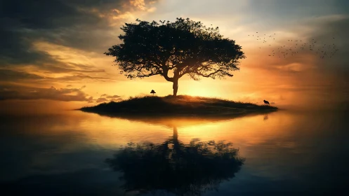 Solitary Acacia: Silhouetted Landscape with Reflected Golden Luminescence.