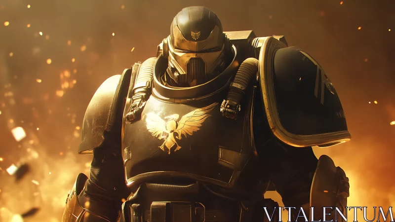 Armored sci fi soldier in heavy power suit amid sparks.