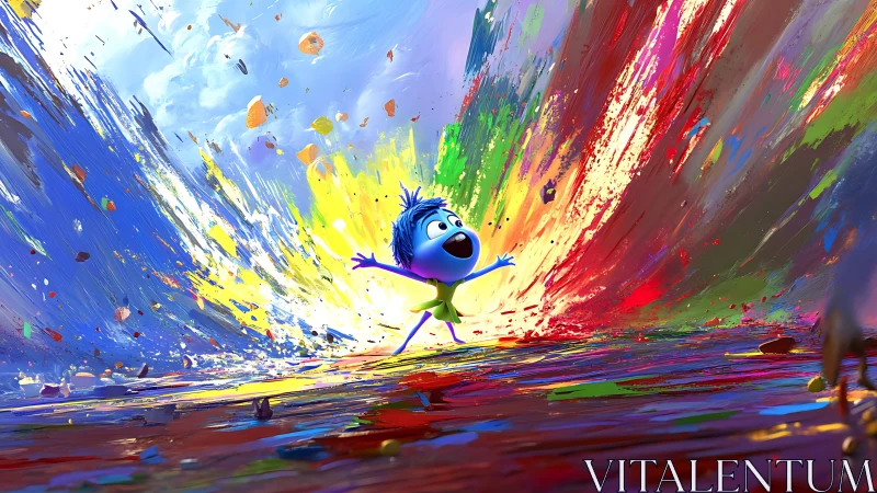 Joyful blue figure within explosive abstract color fields.