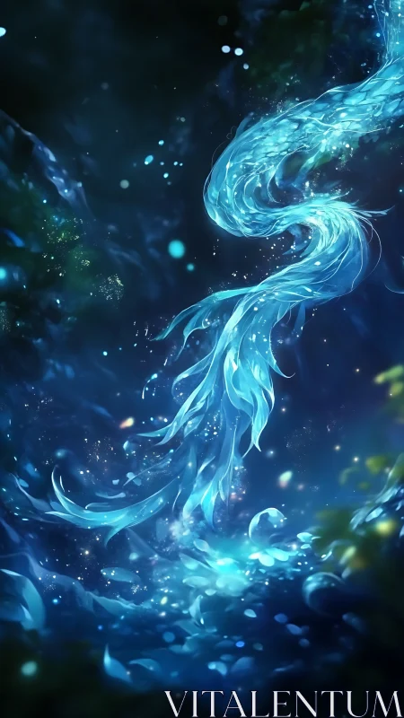 Ethereal aqua spirit swirling through starlit forest night.