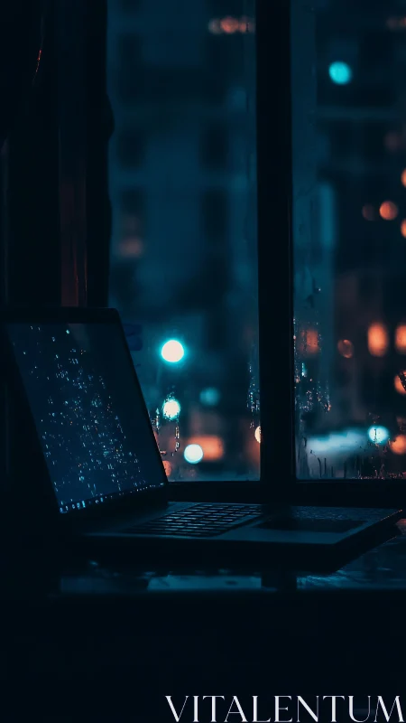 Open laptop glows beside rainy window over blurred city