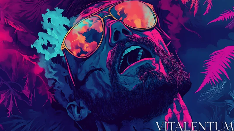 Neon portrait shows man exhaling vapor in tropical glow