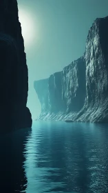 Vertical sci-fi fjord corridor in moody 3D atmospheric lighting.