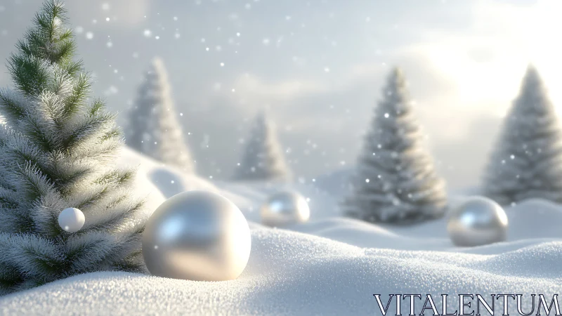 Snowy fir trees with silver ornaments in winter landscape.