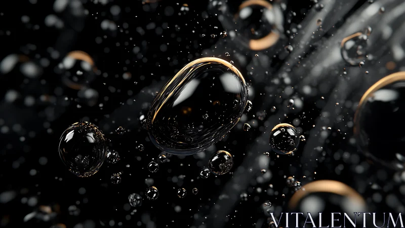 Liquid spheres drift through dark abstract space in motion.