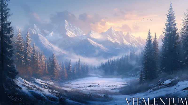 Winter alpine valley with misted pines and distant hiker.