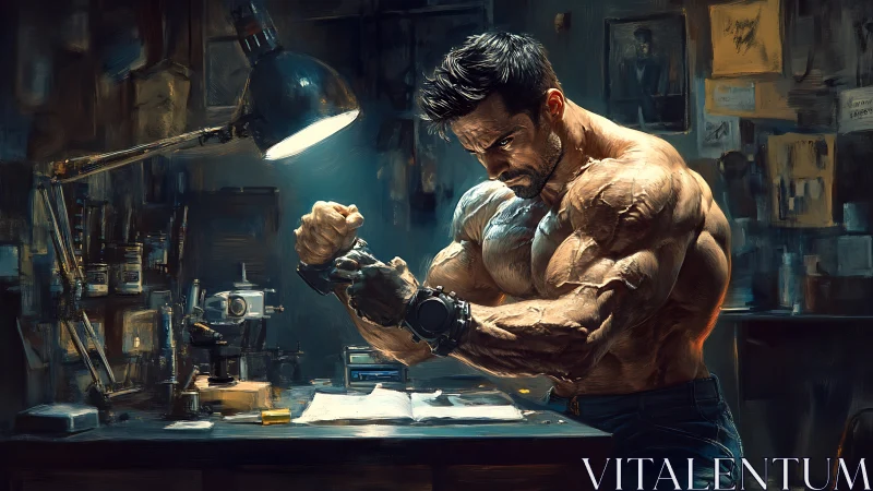 Muscular man adjusts wrist device at cluttered workshop desk