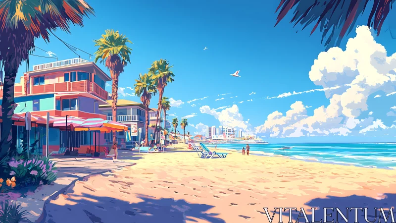 Colorful modern beachside street with palm trees and sand.