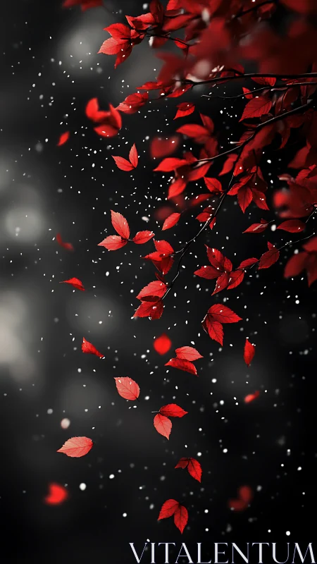 Crimson leaves tumble like sparks through a quiet winter night